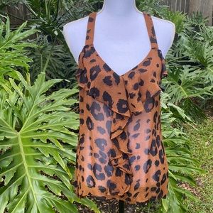 Papaya leopard print and lace ruffled tank top